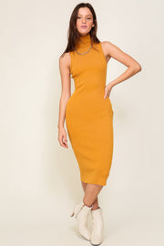 Mustard Knit Fitted Turtleneck Midi Dress