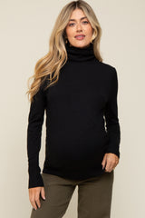 Black Turtleneck Long Button Sleeve Maternity Top