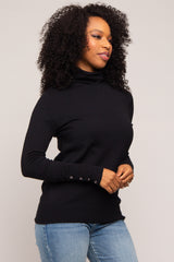 Black Turtleneck Long Button Sleeve Top