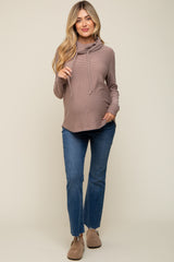 Taupe Ribbed Long Sleeve Hooded Maternity Top