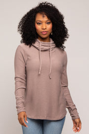 Taupe Ribbed Long Sleeve Hooded Top