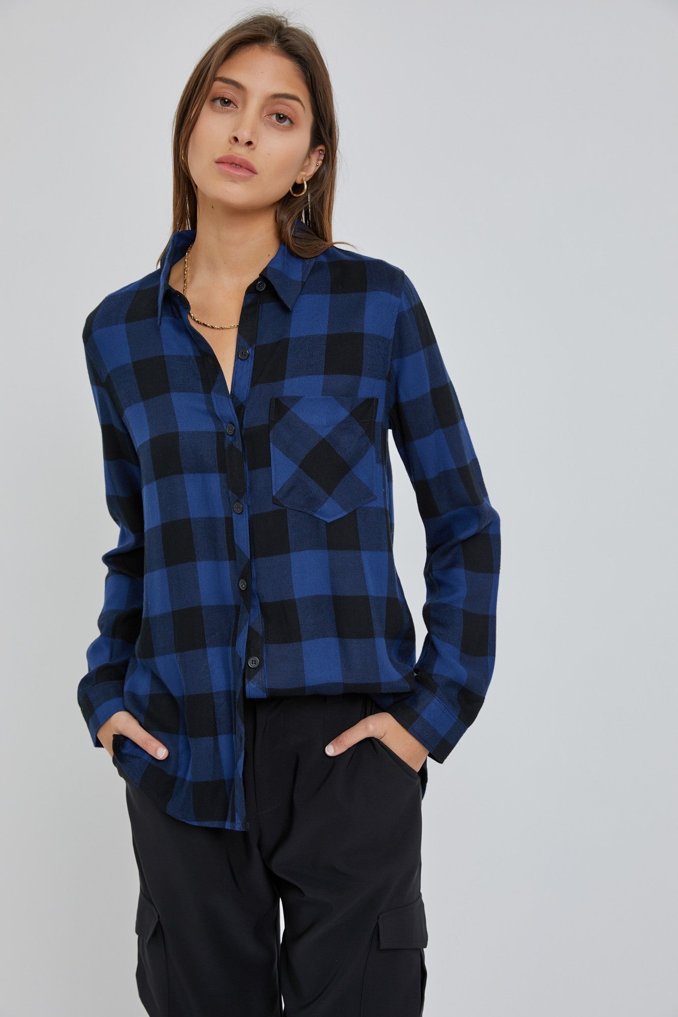 Plaid Long-Sleeve Crop Belly Maternity Top in Blue