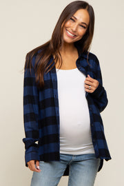 Royal Blue Checkered Maternity Long Sleeve Button Down Top