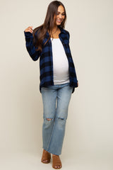 Royal Blue Checkered Maternity Long Sleeve Button Down Top