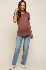 Burgundy Slub Knit Cropped Maternity T-Shirt