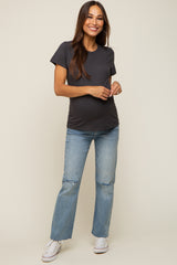 Charcoal Slub Knit Cropped Maternity T-Shirt