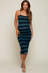 Teal Striped Rib Knit Maternity Midi Dress