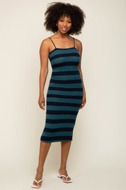 Teal Striped Rib Knit Midi Dress