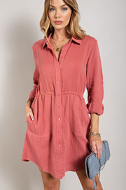 Mauve Henley Collar Long Sleeve Shirt Dress