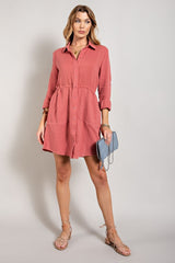 Mauve Henley Collar Long Sleeve Shirt Dress