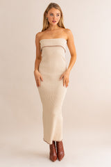 Beige Strapless Fold Over Lettuce Trim Maxi Dress