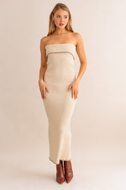 Beige Strapless Fold Over Lettuce Trim Maxi Dress