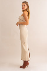 Beige Strapless Fold Over Lettuce Trim Maxi Dress