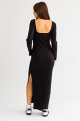 Black Rib Knit Long Sleeve Maxi Dress