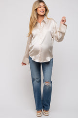 Cream Metallic Pinstriped Satin Button Up Maternity Top