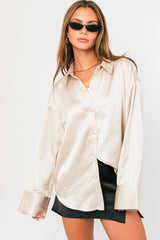 Cream Metallic Pinstriped Satin Button Up Maternity Top