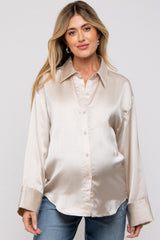 Cream Metallic Pinstriped Satin Button Up Maternity Top