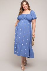 Blue Floral Embroidered Smocked Plus Maternity Maxi Dress