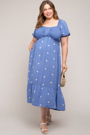 Blue Floral Embroidered Smocked Plus Maternity Maxi Dress