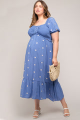 Blue Floral Embroidered Smocked Plus Maternity Maxi Dress