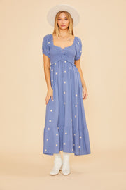 Blue Floral Embroidered Smocked Maxi Dress