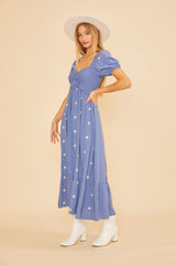 Blue Floral Embroidered Smocked Maxi Dress