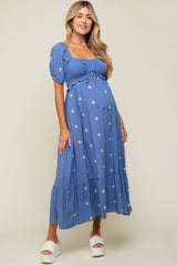 Blue Floral Embroidered Smocked Maternity Maxi Dress