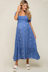 Blue Floral Embroidered Smocked Maternity Maxi Dress