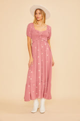 Pink Floral Embroidered Smocked Maternity Maxi Dress