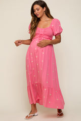 Pink Floral Embroidered Smocked Maternity Maxi Dress