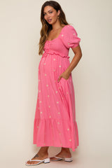 Pink Floral Embroidered Smocked Maternity Maxi Dress