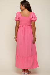 Pink Floral Embroidered Smocked Maternity Maxi Dress