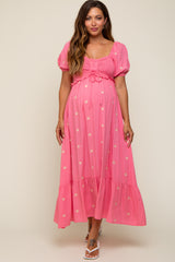 Pink Floral Embroidered Smocked Maternity Maxi Dress