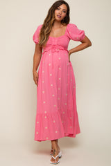 Pink Floral Embroidered Smocked Maternity Maxi Dress