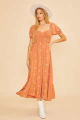 Rust Floral Embroidered Smocked Maternity Maxi Dress