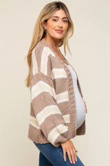 Taupe Striped Open Knit Maternity Cardigan