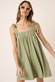 Sage Tie Detail Smocked Neckline Wide Leg Romper