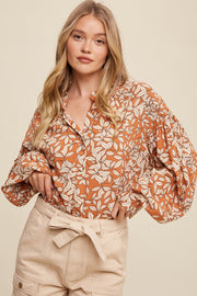 Orange Leaf Print Button Up Top