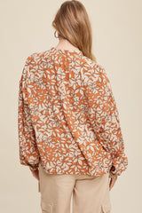 Orange Leaf Print Button Up Top