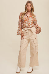 Orange Leaf Print Button Up Top