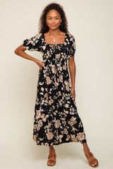 Black Floral Square Neck Short Puff Sleeve Midi Dress