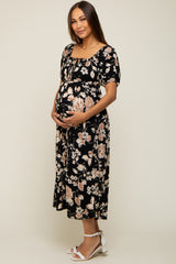 Black Floral Square Neck Short Puff Sleeve Maternity Midi Dress