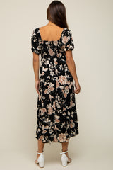 Black Floral Square Neck Short Puff Sleeve Maternity Midi Dress