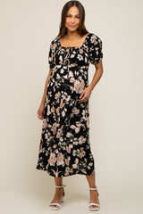 Black Floral Square Neck Short Puff Sleeve Maternity Midi Dress