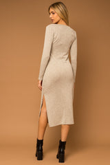 Grey Rib Knit Front Button Midi Dress