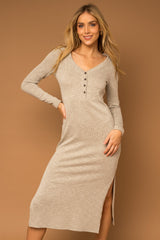 Grey Rib Knit Front Button Midi Dress