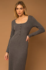 Charcoal Ribbed Front Button Midi Dress