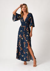 Dark Teal Floral Deep V-Neck Short Sleeve Front Slit Maxi Dress