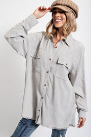 Light Grey Collared Button Front Raw Hem Top