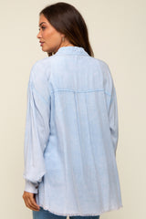 Light Blue Collared Button Front Raw Hem Maternity Top